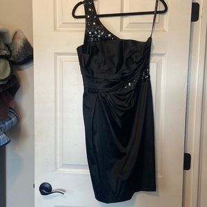 Formal black one shoulder cocktail dress with sequin strap